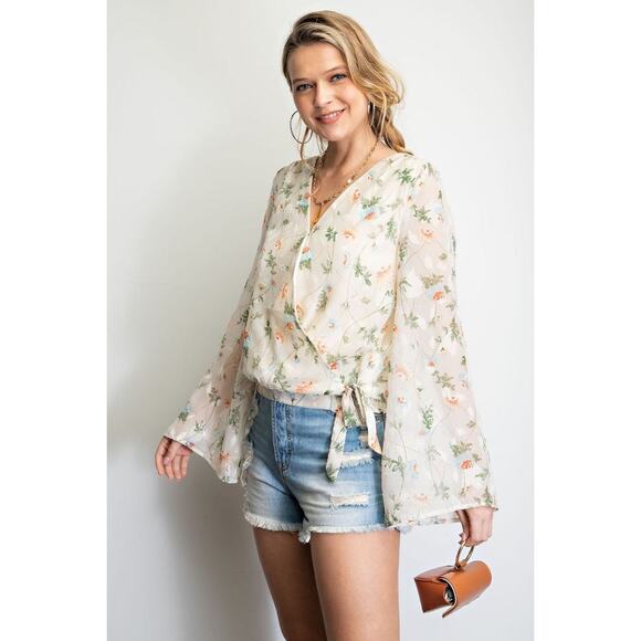 Easel Floral Print Boho Surplice Ivory Chiffon Blouse Tie Waist Long Sleeves, S - Picture 1 of 5